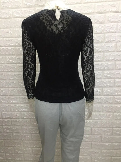 Women T Shirts Vintage Spring Winter Tees Autumn Lace Beads Hole Sexy Tops Warm Blouse Top Casual Full Long Sleeve Shirt