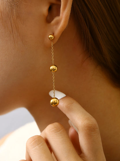 Fashion Elegant Simple Premium Feeling Stainless Steel 18K Gold Plated Three Large And Small Beads Dangle Earrings For Women