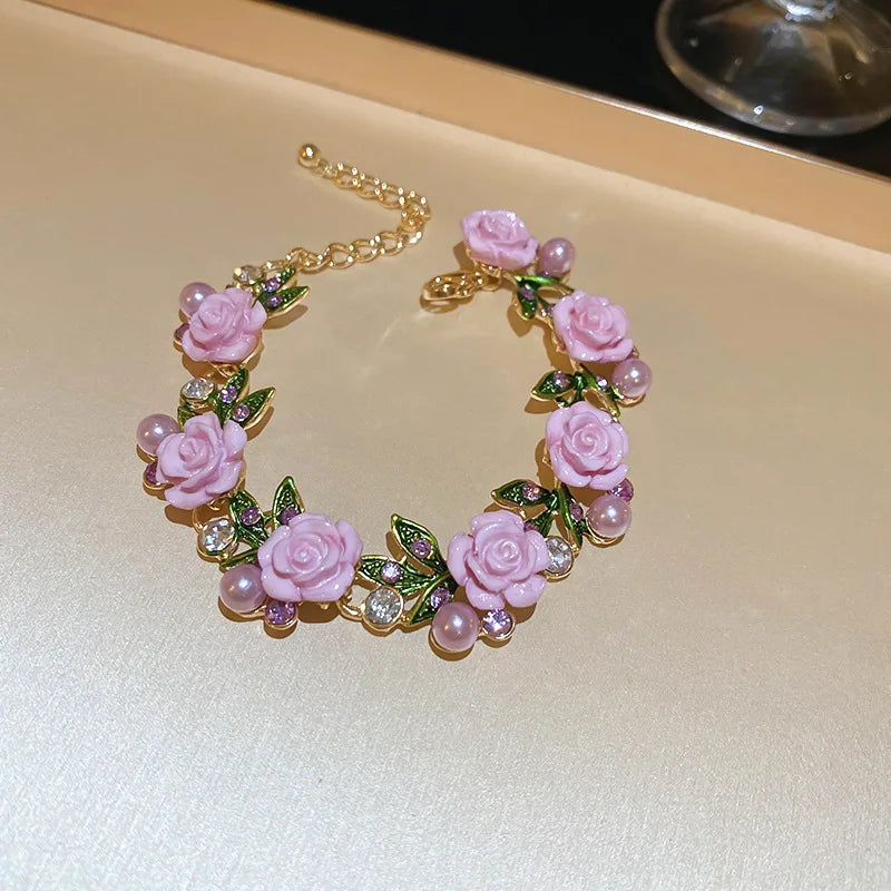 Flowers and leaves set with diamonds and pearl earrings and necklace set