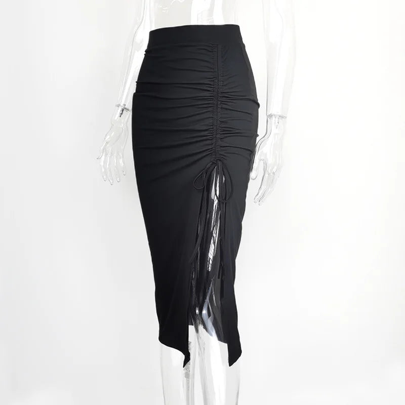 Women Sexy Slim Slit Irregular Skirt Elastic High Waist Pleated A-Line Skirt Summer American Retro Solid Long Shirring Skirts