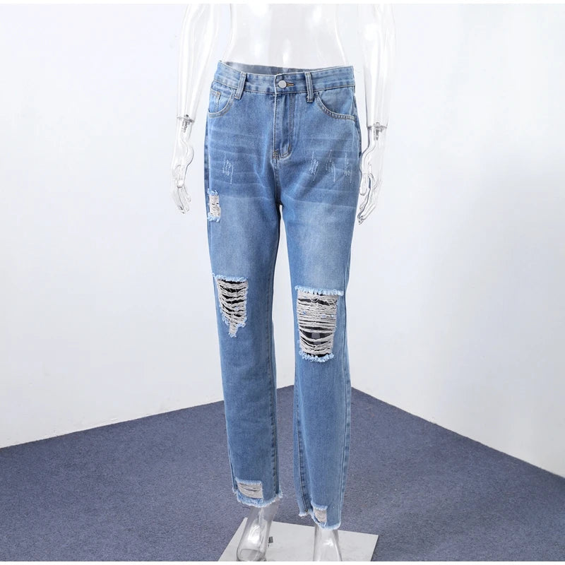 Women‘s Fashion Straight Jeans Casual High Waisted Washed Skinny Trousers Ripped Slim Pants For Lady Commuter 2025 Fashion Trend