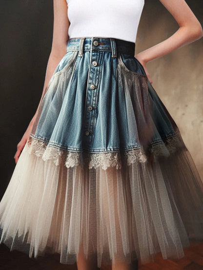 Vintage Patchwork Lace Hollow Out Jean Skirt Women Korean Fashion High Waist Midi Denim Skirt Female Button Casual Elegant Skirt