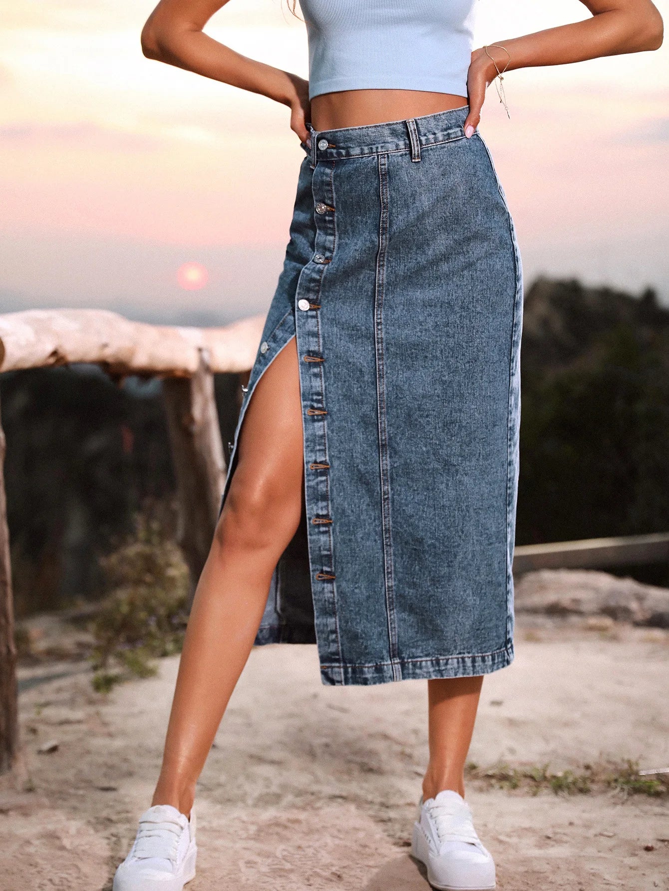 Women's Maxi Pencil Jean Skirt High Waisted A-Line Long Denim Skirts Ins Button Down Side Split Hem Stretch Blue Jean Skirt