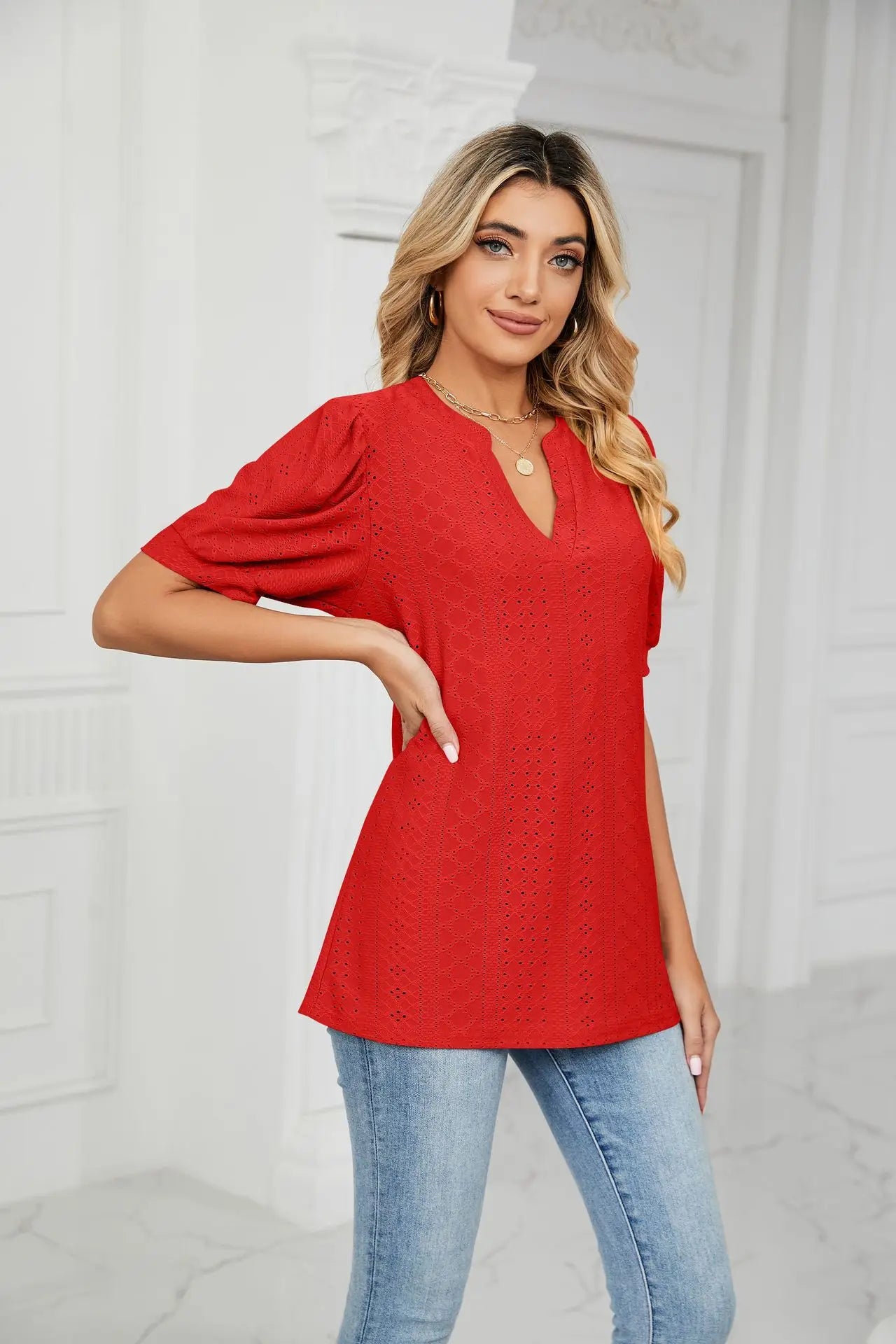 Womens Tops V Neck Ruffle Sleeve Blouses Short Sleeve Casual Tops T-Shirts for Women Autumn Winter