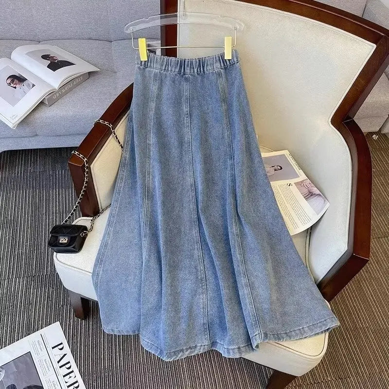 Denim Skirt For Women 2025 New High Waisted A-line Umbrella Skirt Versatile  Spring  Summer Elastic Waist Long Jean Skirt