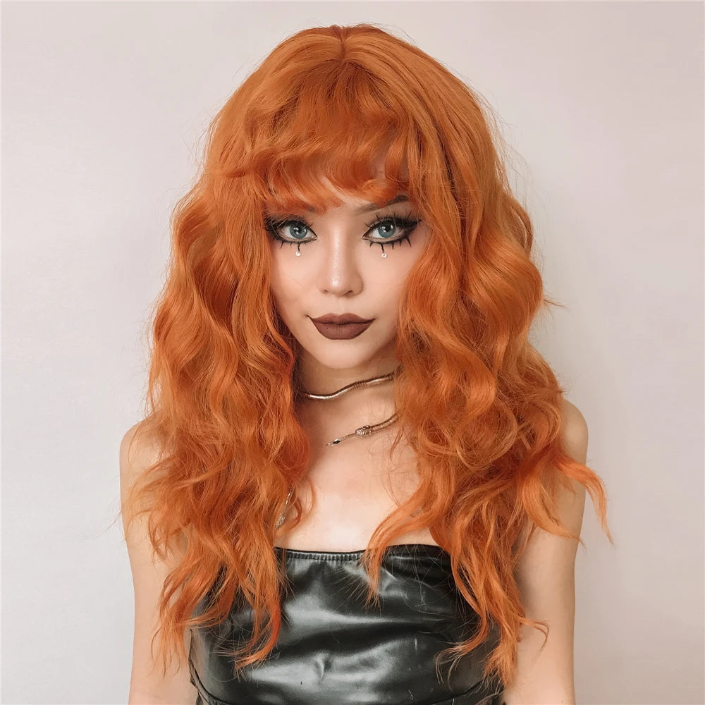 Ginger Curly Synthetic Wigs for Women Long Orange Wigs with Bangs Heat Resistant Hair Colored Party Cosplay Hair Wig