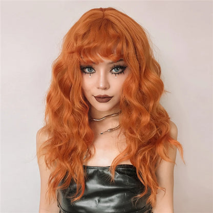Ginger Curly Synthetic Wigs for Women Long Orange Wigs with Bangs Heat Resistant Hair Colored Party Cosplay Hair Wig