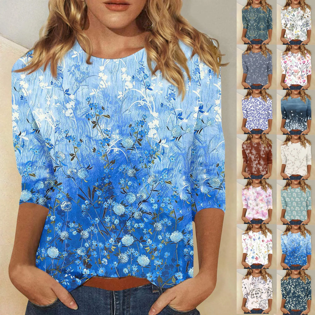 2024 Women Summer Tops Comfortable T Shirt Fashion Flower Print Round Neck 3/4 Sleeve Tops Soft Versatile Pullover Ropa De Mujer