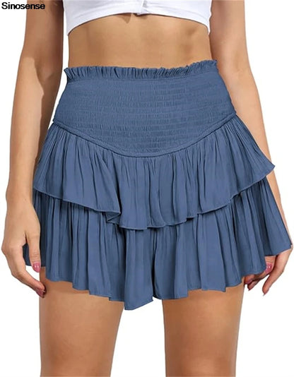 Women's High Waist Ruffle Pleated Mini Skirts Solid Lined Layered Flared Flowy Casual Swing Summer Boho Beach Mini Short Skirt