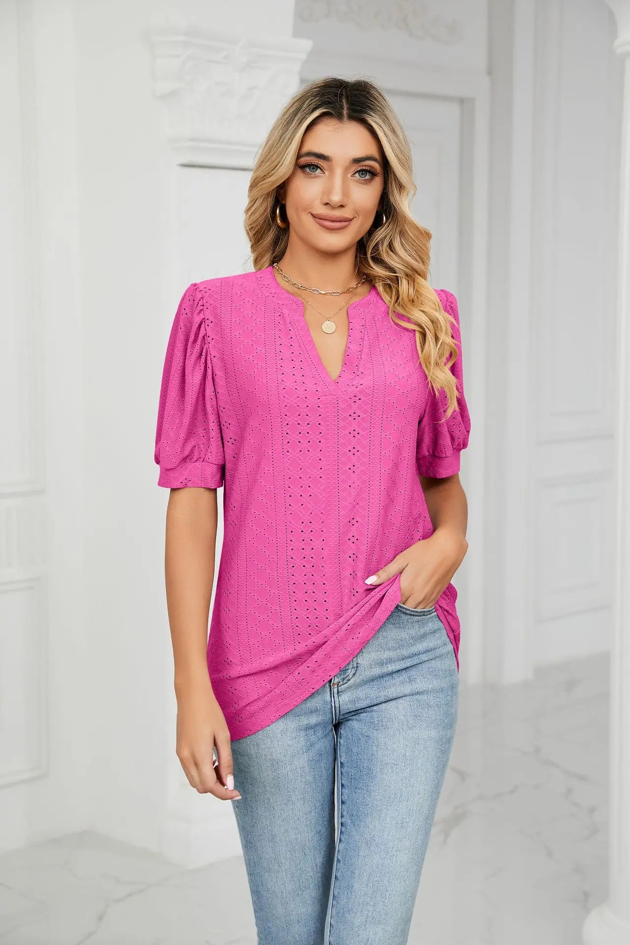 Womens Tops V Neck Ruffle Sleeve Blouses Short Sleeve Casual Tops T-Shirts for Women Autumn Winter