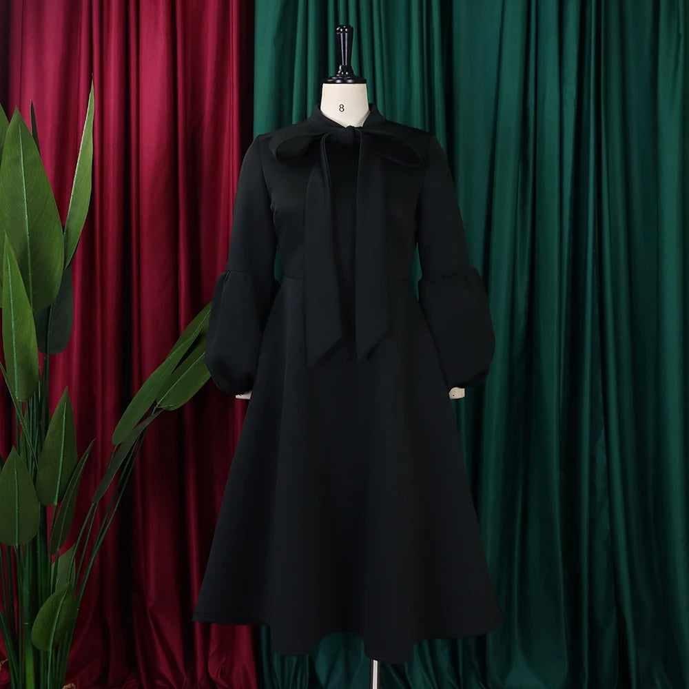 Elegant Dresses for Women Bow Collar Full Sleeve High Waisted A Line Mid Calf Luxury Female Birthday Party Dinner Vestidos Mujer