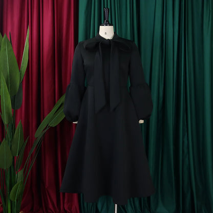 Elegant Dresses for Women Bow Collar Full Sleeve High Waisted A Line Mid Calf Luxury Female Birthday Party Dinner Vestidos Mujer