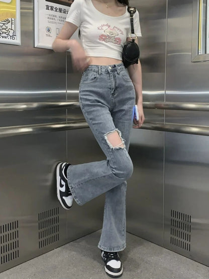 Denim Pants for Women Blue Womens Ripped Jeans Slim Fit Straight Leg Bell Bottom Trousers Original Emo Wholesale Stylish Wide A