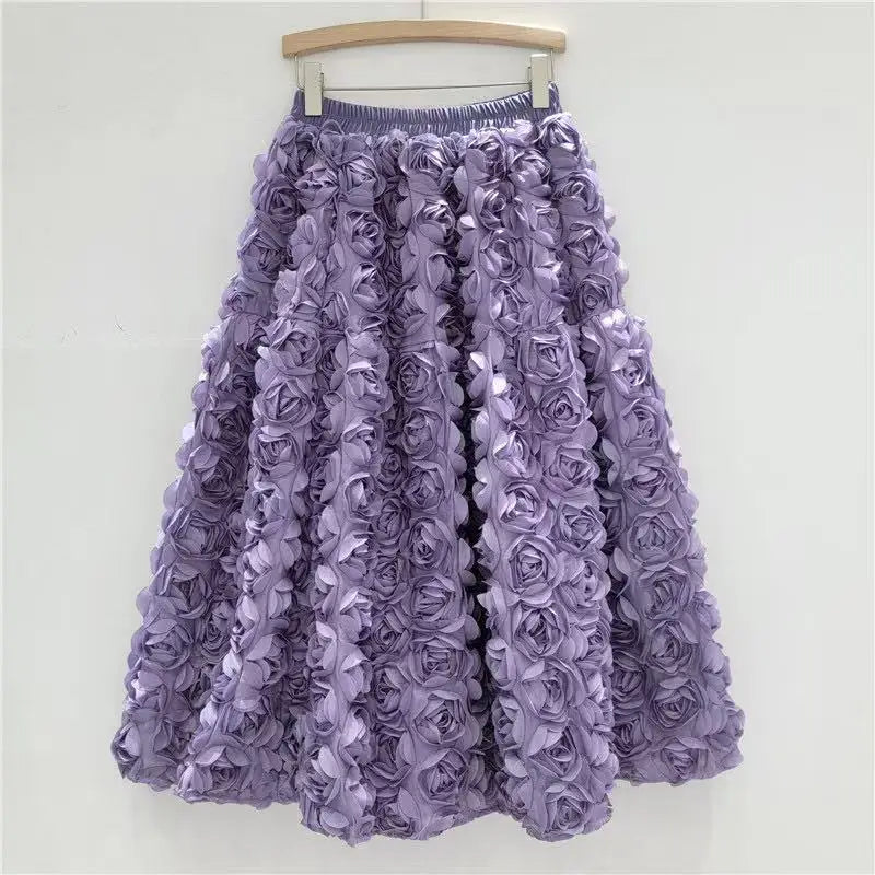 Skirt for Women 2025 Summer Versatile Three Dimensional Flower Mid-calf Skirt High Waist Big Swing Fashion A-line Long Skirts