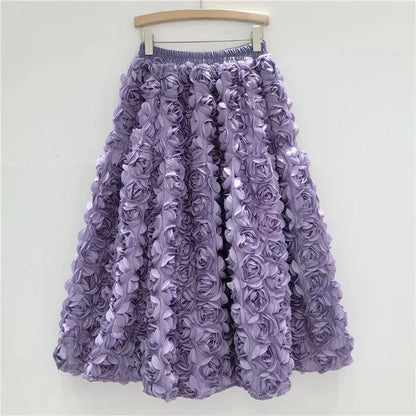 Skirt for Women 2025 Summer Versatile Three Dimensional Flower Mid-calf Skirt High Waist Big Swing Fashion A-line Long Skirts