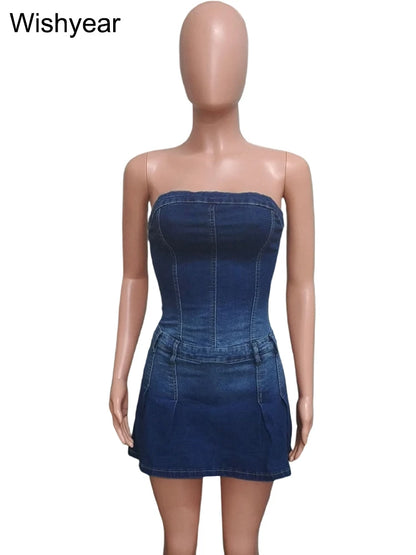 Sexy Blue Denim Strapless Skirts Shorts Women Summer Off Shoulder Jean Playsuits Rompers Streetwear Beach Club Short Jumpsuits