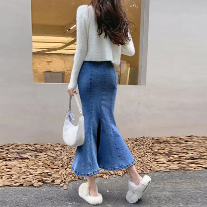 Long Denim Skirt for Women High Waist Autumn Blue Slim Jean Fishtail Skirt Korean Fashion Skinny Solid Elastic Slit Skirt Women