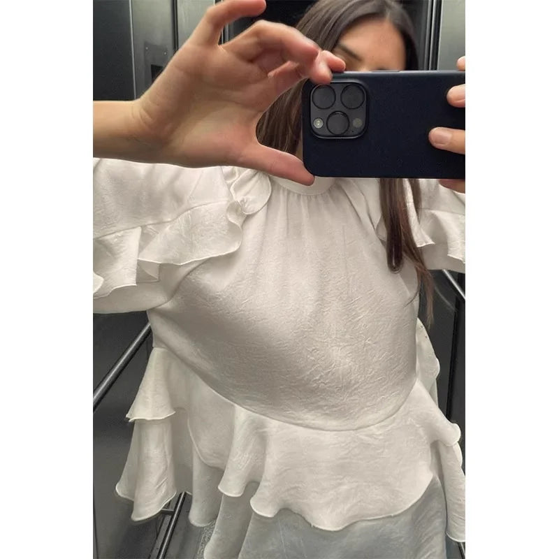 Woman 2025 Tops Ruffle Long Sleeve Top Elegant Womens Blouses Cropped Plain Shirts Beautiful Women's Blouses Vestidos Boho Dress