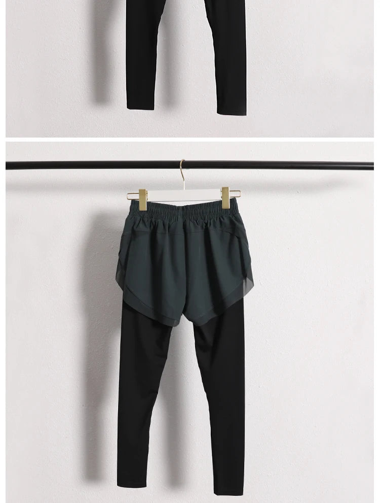 Stretch Autumn Sports Pants Women Two Pieces Fitness Yoga Pants and Shorts With Inner Phone Pocket 2 in 1 Yoga Pants