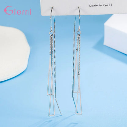 925 Sterling Silver Earrings Fashion Jewelry Simple Geometric Tassel Long Box Chain Thread Pendientes Ear Decoration Ornaments
