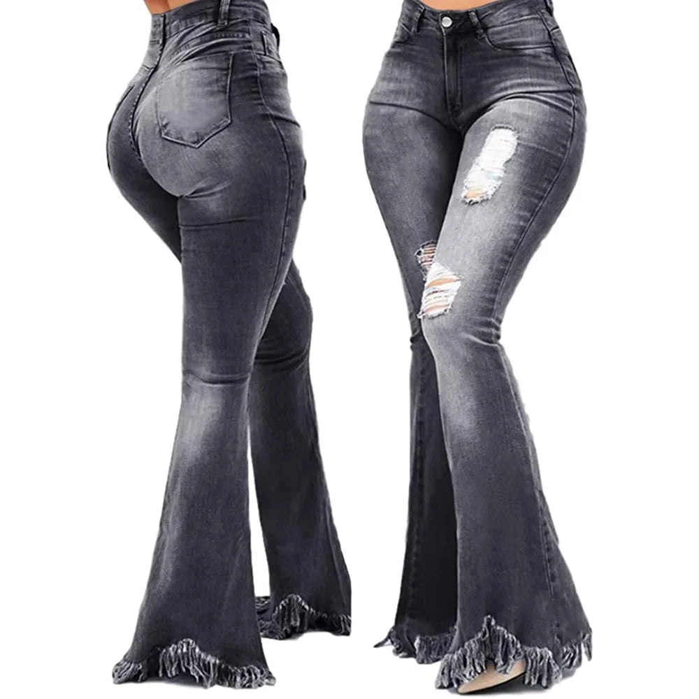 Jeans Women Long Pants Flare Pant Slim Fit Bodycon Y2k Streetwear Casual Elegant Splice Denim Trousers Solid Hole High Waist