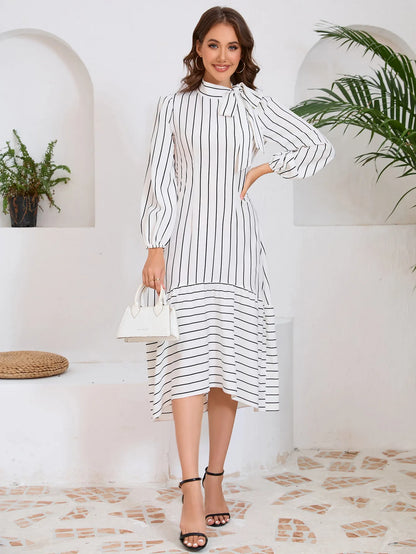 Women's Dresses Formal Fashion Office Lady Professional High-end Stand-up Collar Thin Striped Party Dress Vestidos De Mujer