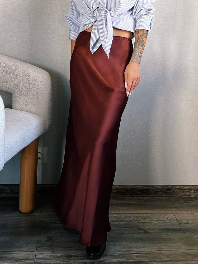 Long Black Satin Skirts Women For Work Summer Autumn Straight Brown Skirt Long Belt Coffee Formal Silk Maxi Skirt For Ladies