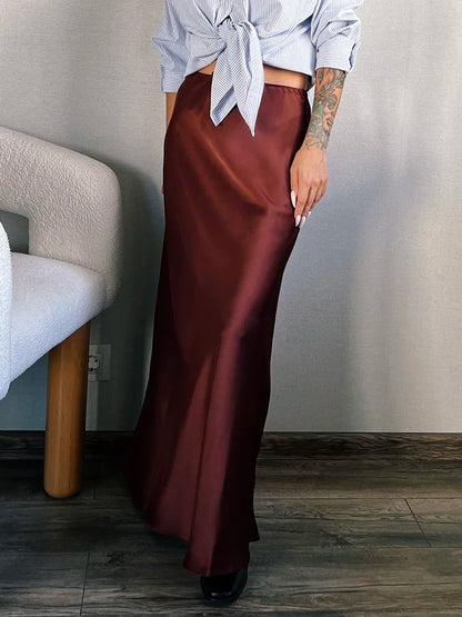 Long Black Satin Skirts Women For Work Summer Autumn Straight Brown Skirt Long Belt Coffee Formal Silk Maxi Skirt For Ladies