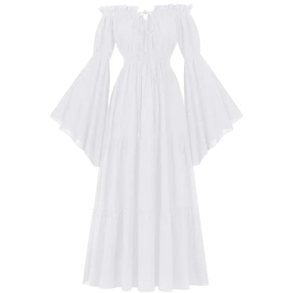 Women Renaissance Irish Dress Off Shoulder Medieval Peasant Dress Pirate Costume Wench Retro Gown Smocked Waist Maxi Long Dress