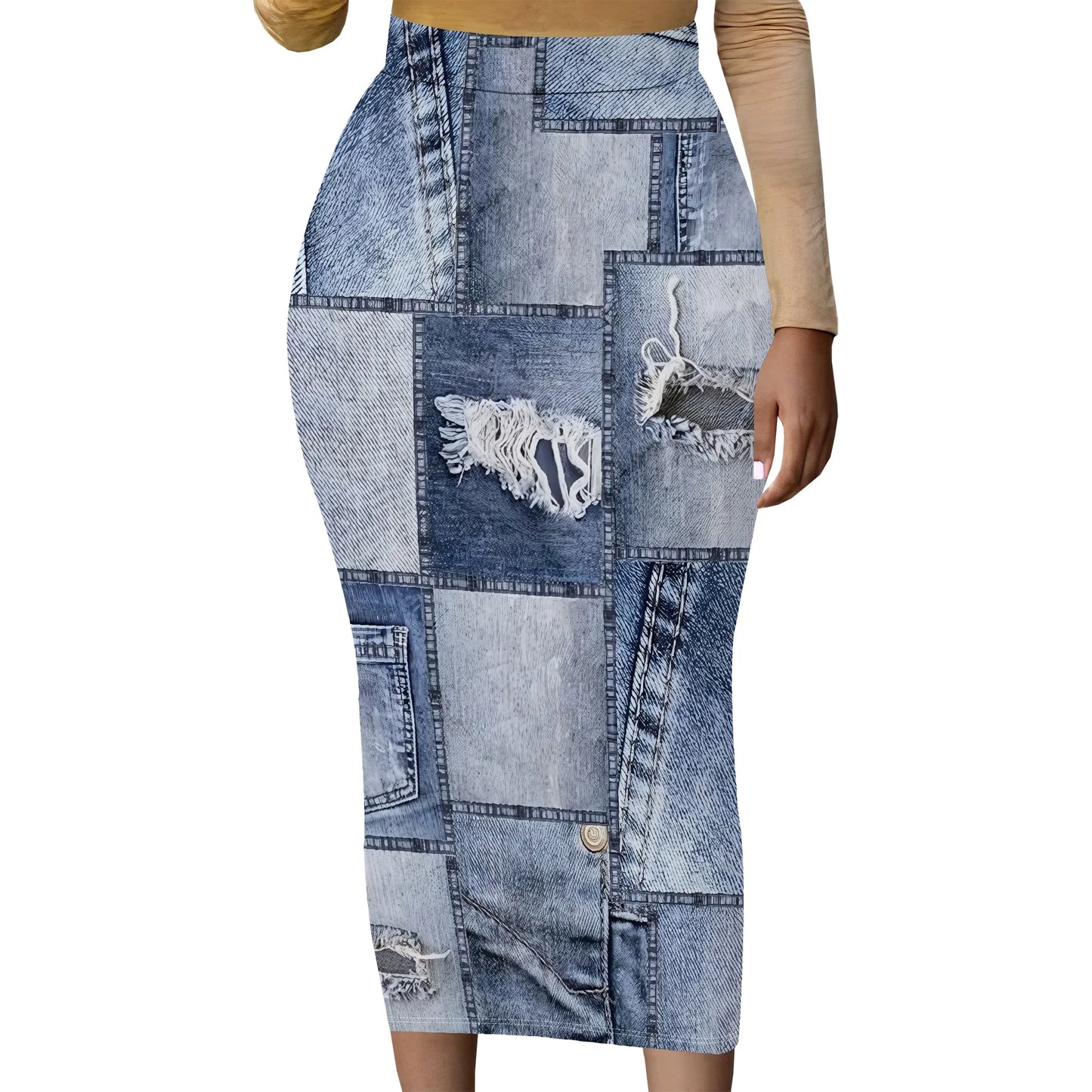 Womens Long Cotton Patchwork Stretch Denim Skirt a Line Flared Jean Maxi Skirt