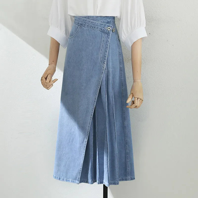 Irregular Pleated Baggy Denim Skirt Women Casual High Waist Vintage Faldas Korean Fashion Streetwear Loose A-lined Jean Skirts
