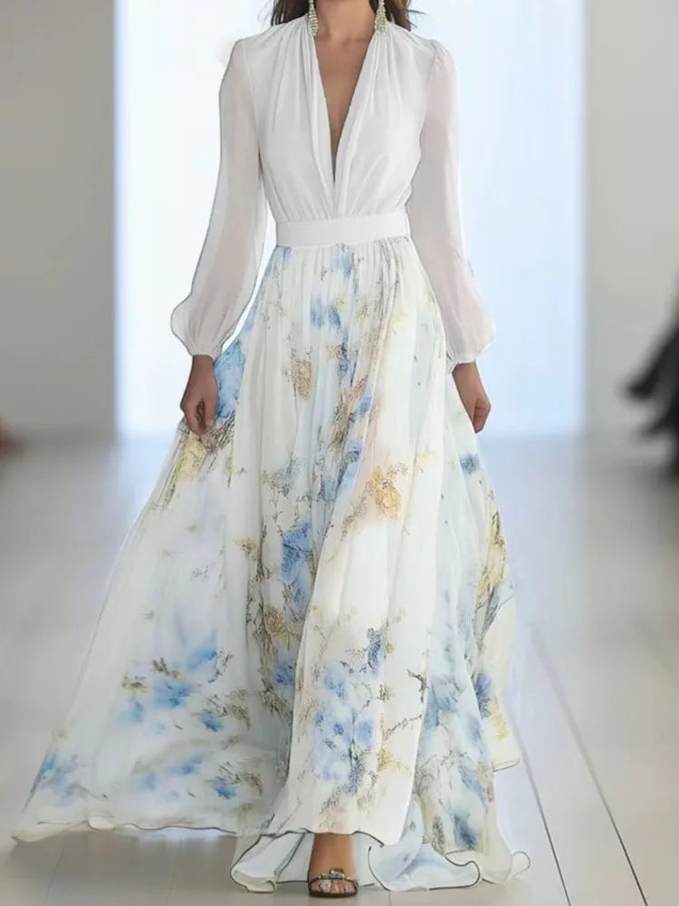 Women Elegant Print Dress Fashion Long Sleeve Deep V Neck High Waist Loose Dresses Robe Femme Holiday Party Womens Clothing New