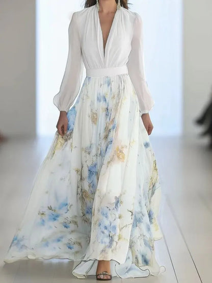 Women Elegant Print Dress Fashion Long Sleeve Deep V Neck High Waist Loose Dresses Robe Femme Holiday Party Womens Clothing New