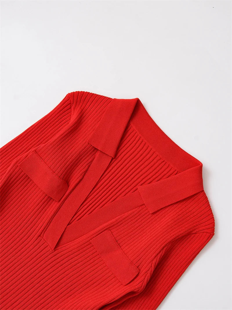 Women's Tops New Fall 2025 Solid Color Long Sleeve Lapel Slim Knit Top Sexy V-Neck Design Casual Fashion Personality Versatile