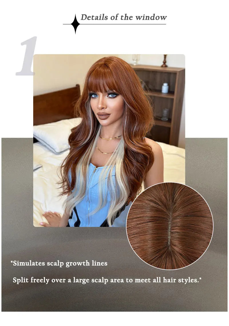 7JHHWIGS Long Body Wave Copper Highlight Beige Wig for Women High Density Synthetic Layered Modest Fashion Wigs with Neat Bangs