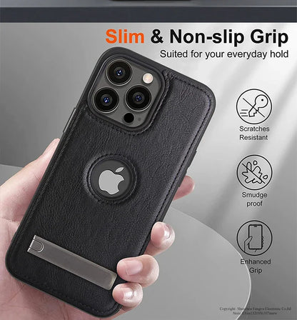 Leather Kickstand Phone Cases for iPhone 15 13 Pro Max 14 Plus 12 11 Mobile Case Shockproof Flexible Soft Grip Luxury Back Cover