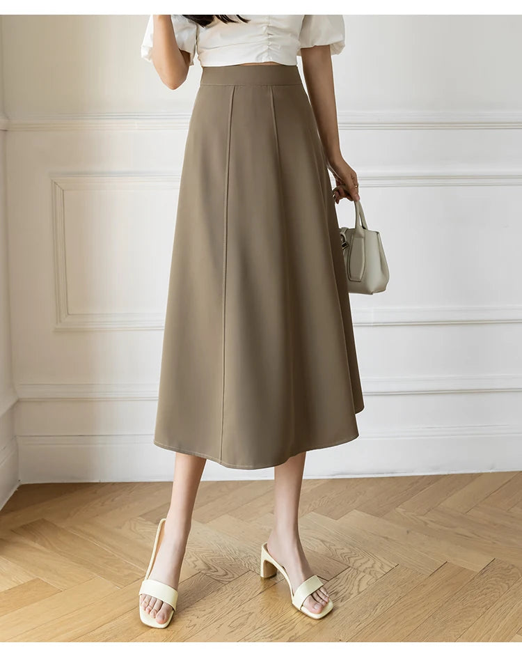 Women's Skirt 2025 Spring Women High Waist Solid Vintage Girl's Waist Down Skirt Knee-length A-line Fashion Thin Skirt for Women