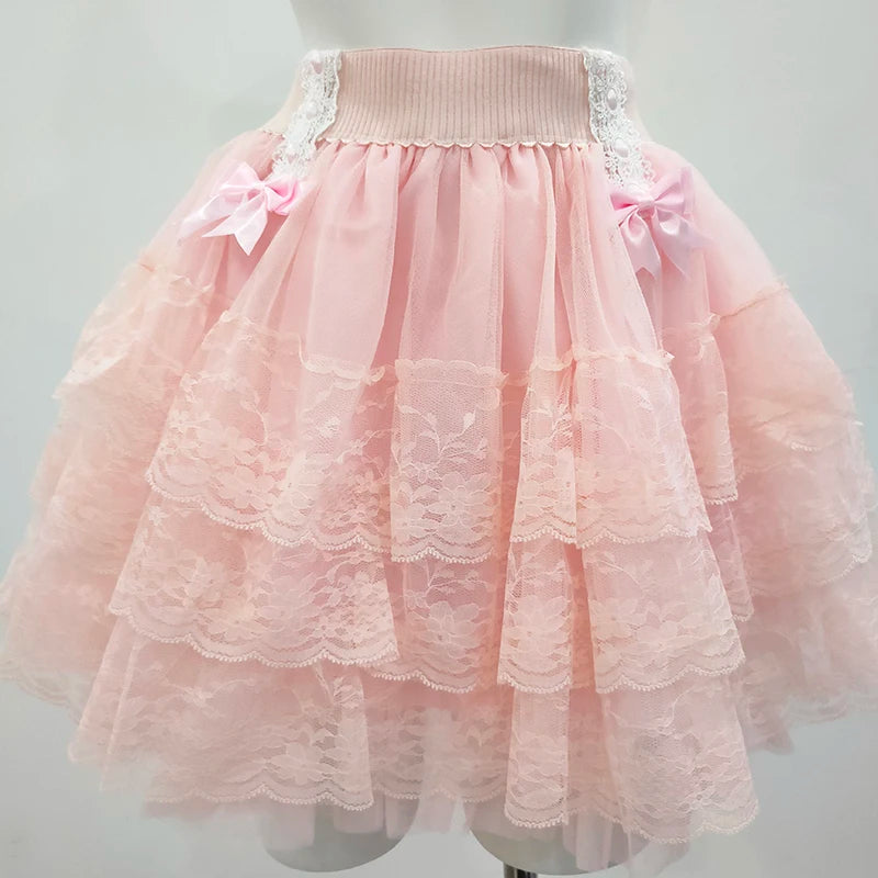 Pink Skirts for Sweet Girls Summer Bows Decoration Elastic Waist Lolita Style Multilayered Lace Skirt Kawaii Clothes