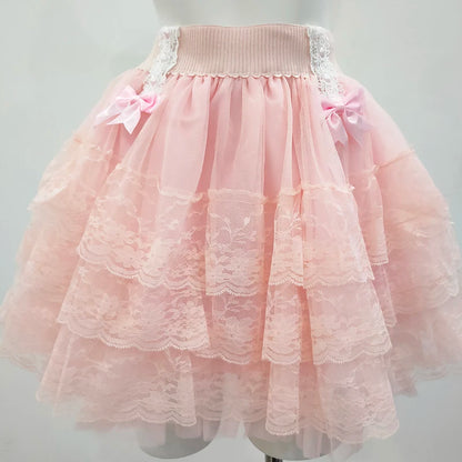 Pink Skirts for Sweet Girls Summer Bows Decoration Elastic Waist Lolita Style Multilayered Lace Skirt Kawaii Clothes