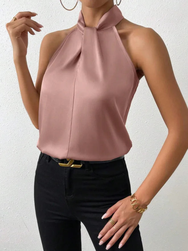 2025 Women's Tanks Top Camis Hanging Neck Strap Design Satin Gloss Loose Sleeveless Blouses Blusas Mujer Moda Black Sexy Shirt