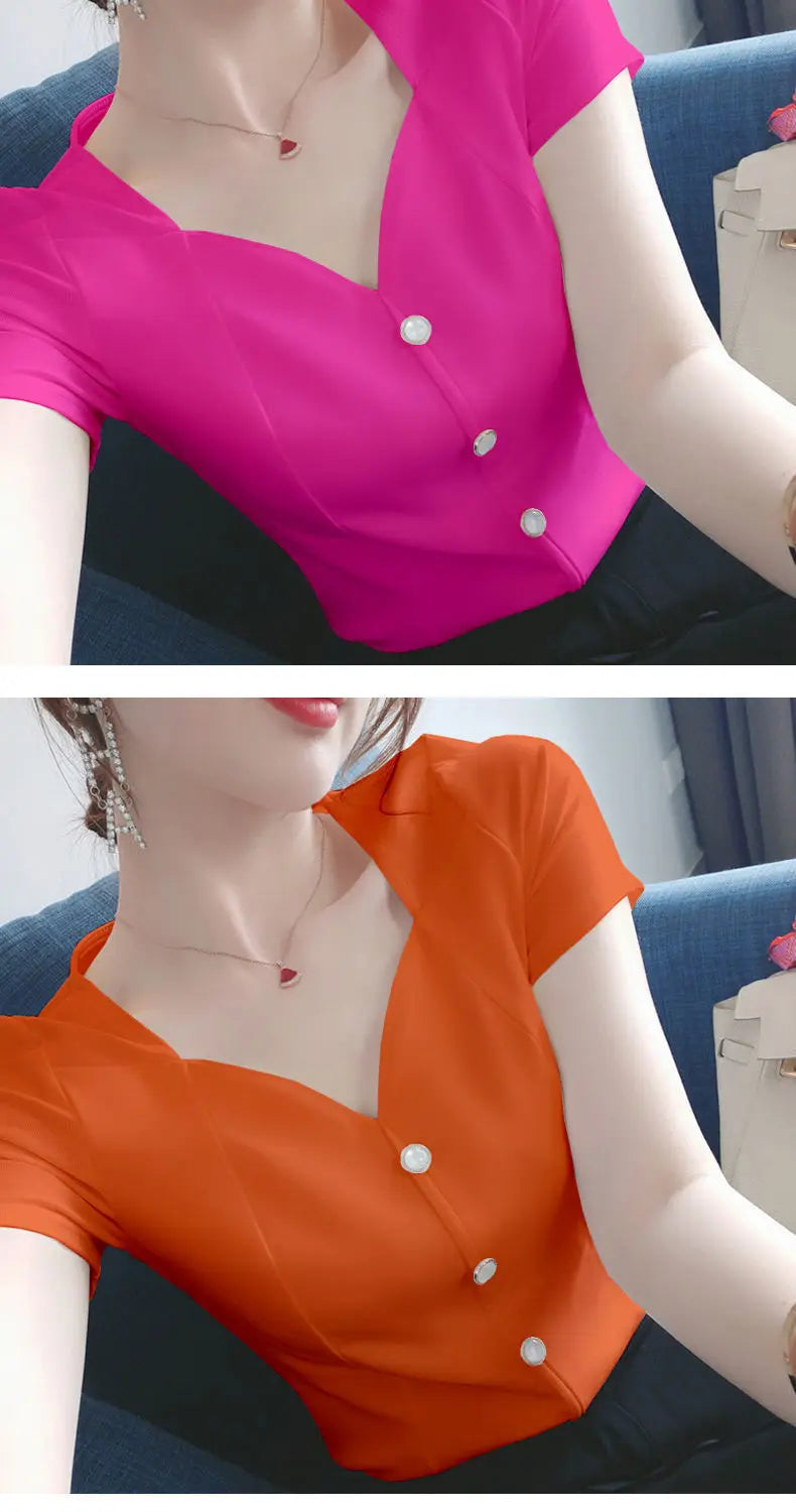 Womens Tops And Blouses Summer Short Sleeve Blouse Women Blusas Mujer De Moda 2022 Turtleneck Knitted Blouse Shirt Tops