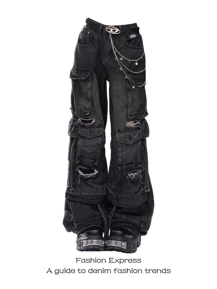 Women Jeans Pants Y2K High Street Heavy Washed Black Perforated Workwear Jeans For Women's Autumn And Winter Multi Pocket