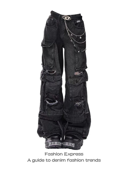 Women Jeans Pants Y2K High Street Heavy Washed Black Perforated Workwear Jeans For Women's Autumn And Winter Multi Pocket
