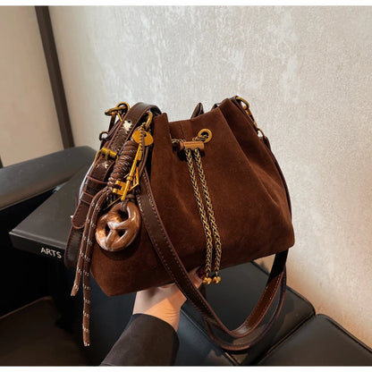 Women Vintage One Shoulder Bag Frosted Solid Drawstring Soft All-Match Bucket Bags High-Grade Versatile Commute Crossbody Packs