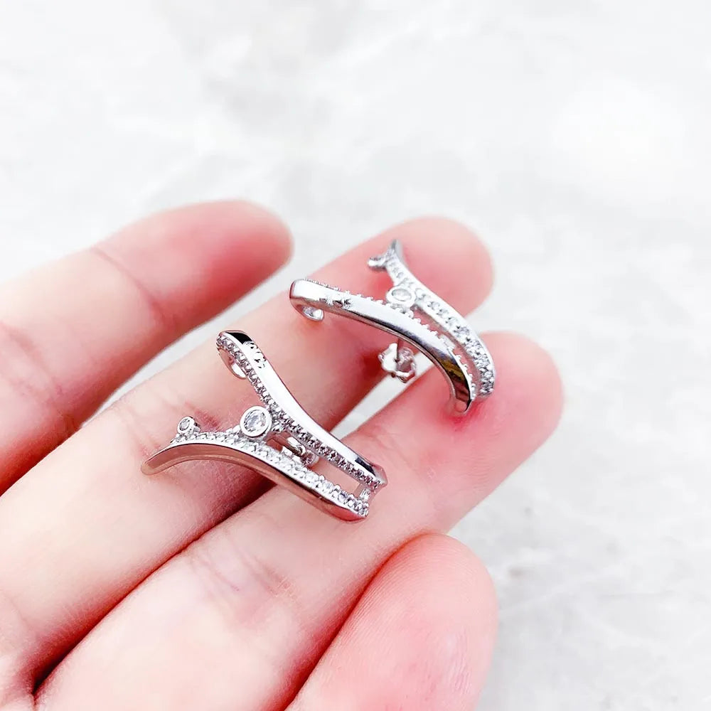 Ear Studs Wave With Stones,Europe Style Fine Jewerly For Women 3D-Effect Trendy Gift In 925 Sterling Silver