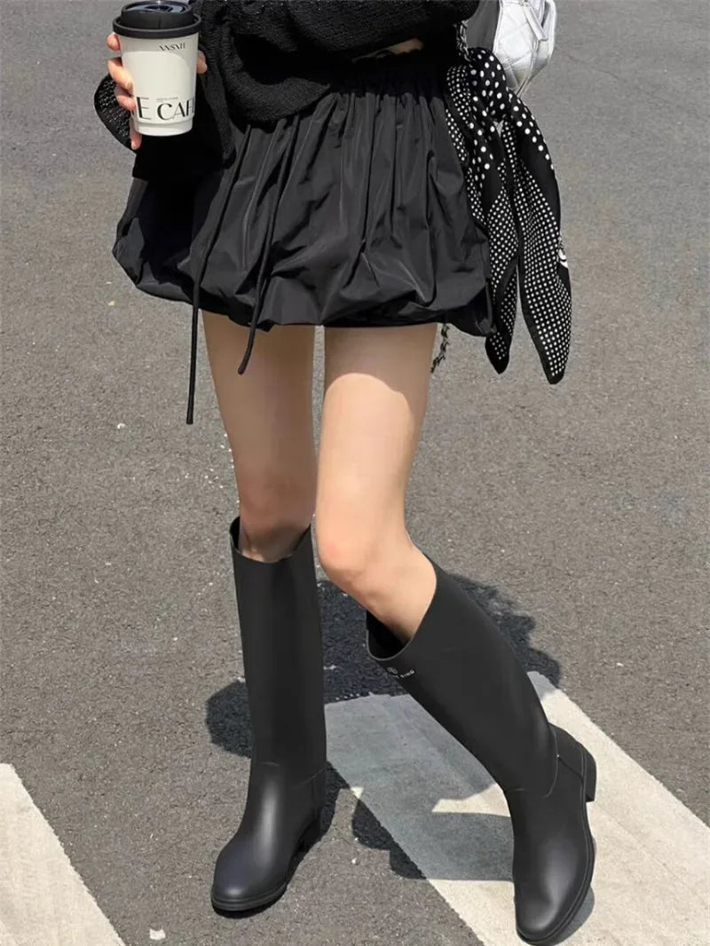 Ropa Skirts for Women 2025 Mini Black White Korean Style Jupe Faldas Mujer Elastic Waist Retro Khaki Drawstring Flower Bud Skirt