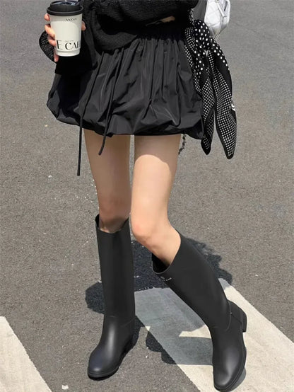 Ropa Skirts for Women 2025 Mini Black White Korean Style Jupe Faldas Mujer Elastic Waist Retro Khaki Drawstring Flower Bud Skirt