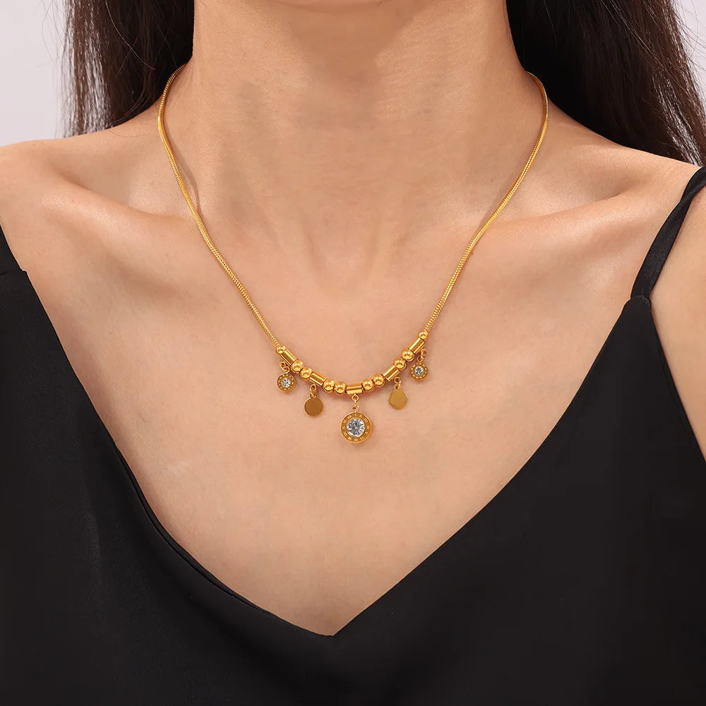Necklace for Women Round Zircon Roman Pendant Tassel Charm Luxury Gold Plated Stainless Steel Jewelry Wholesale