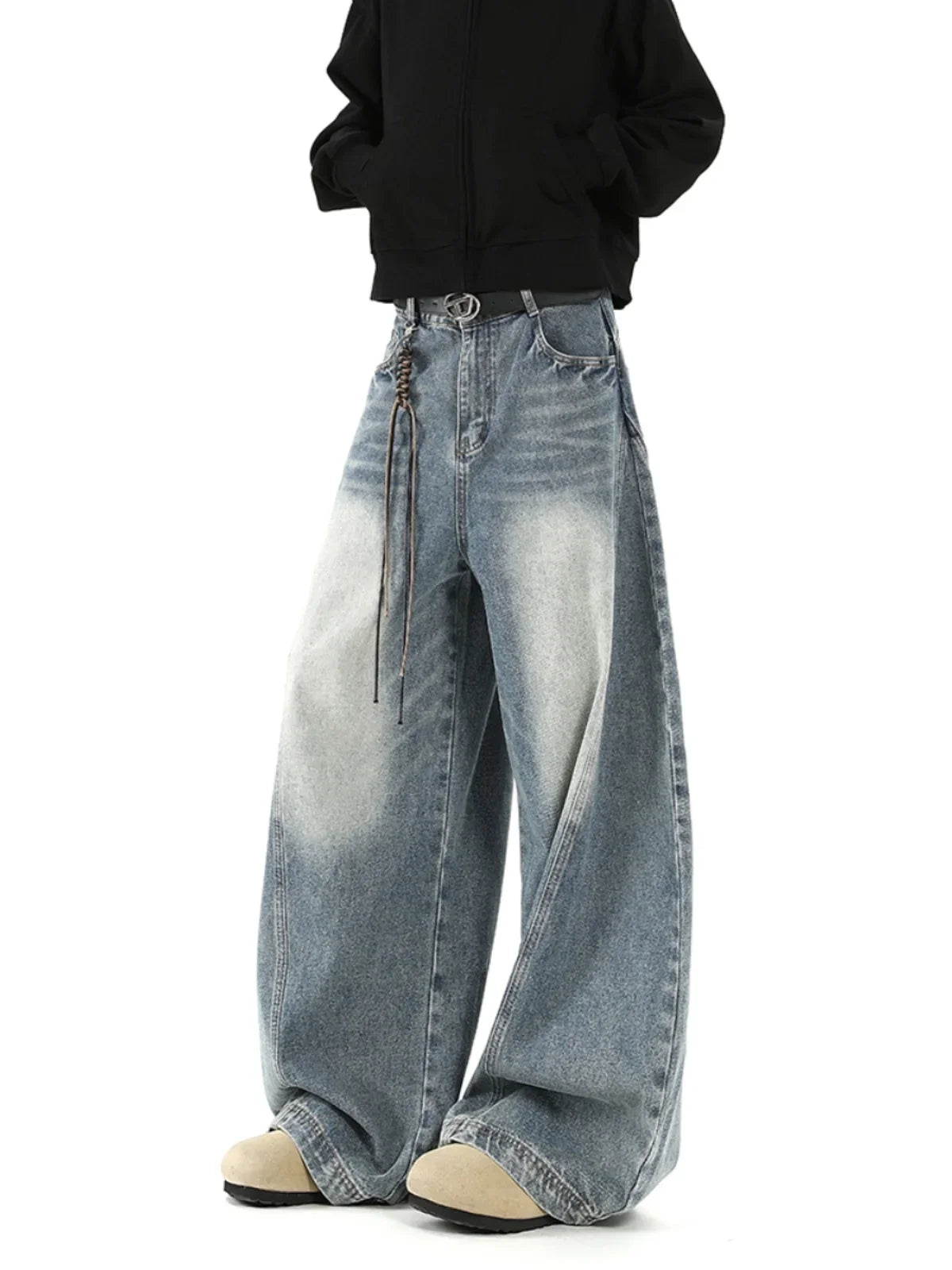 Women Blue Jeans Cargo Pants Streetwear High Waist American Wide Leg Pants Fashion Y2K Style Female Winter Straight Trousers