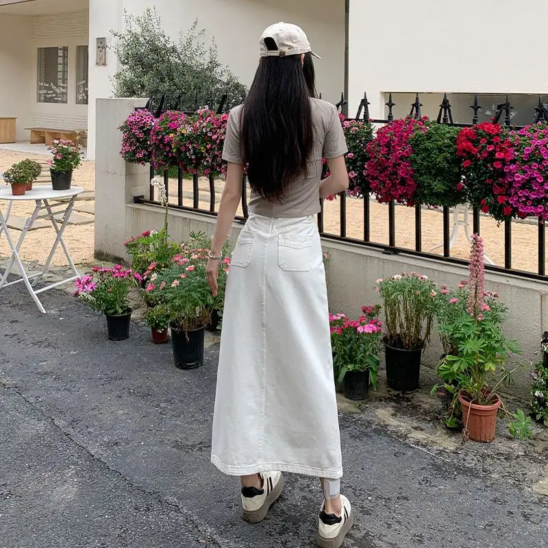Casual High Quality Maxi Denim Skirts for Women Summer 2025 Fashion White Jeans Dress Long Y2k Medium-length A- Line Skirt Denim